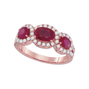 18kt Rose Gold Womens Oval Ruby Diamond 3-stone Ring 3 Cttw