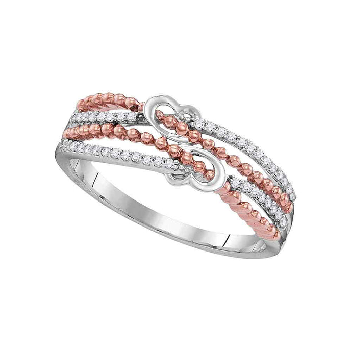 10kt White Gold Womens Round Diamond Heart Roped 2-tone Rose Band Ring 1/8 Cttw