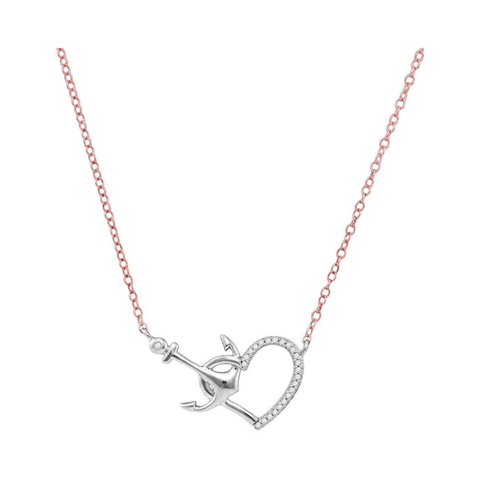 10kt White Gold Womens Round Diamond Heart & Anchor Pendant Necklace 1/12 Cttw