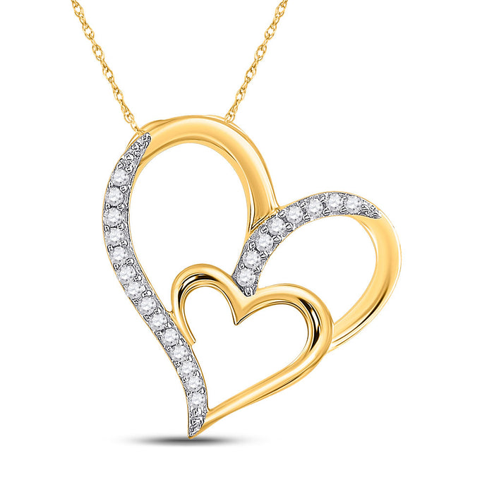 10kt Yellow Gold Womens Round Diamond Double Heart Pendant 1/6 Cttw
