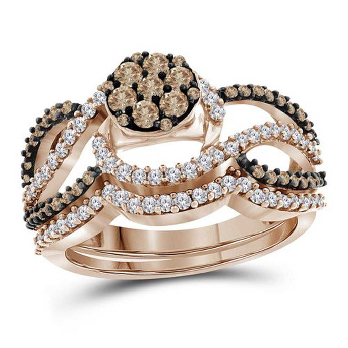 10kt Rose Gold Womens Round Brown Diamond Cluster Bridal Wedding Ring Band Set 1 Cttw