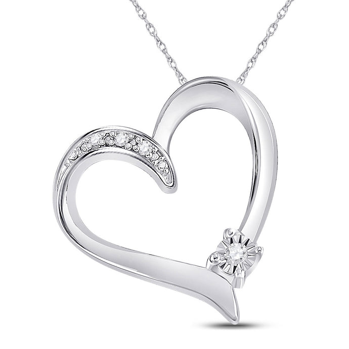 Sterling Silver Womens Round Diamond Solitaire Heart Pendant .03 Cttw
