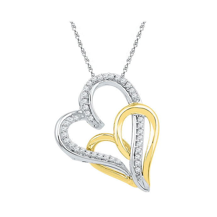 10kt White Gold Womens Round Diamond Two-tone Double Joined Hearts Pendant 1/6 Cttw