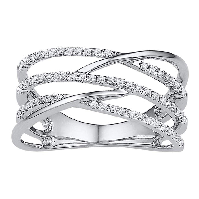 10kt White Gold Womens Round Diamond Triple Row Openwork Crossover Band Ring 1/3 Cttw