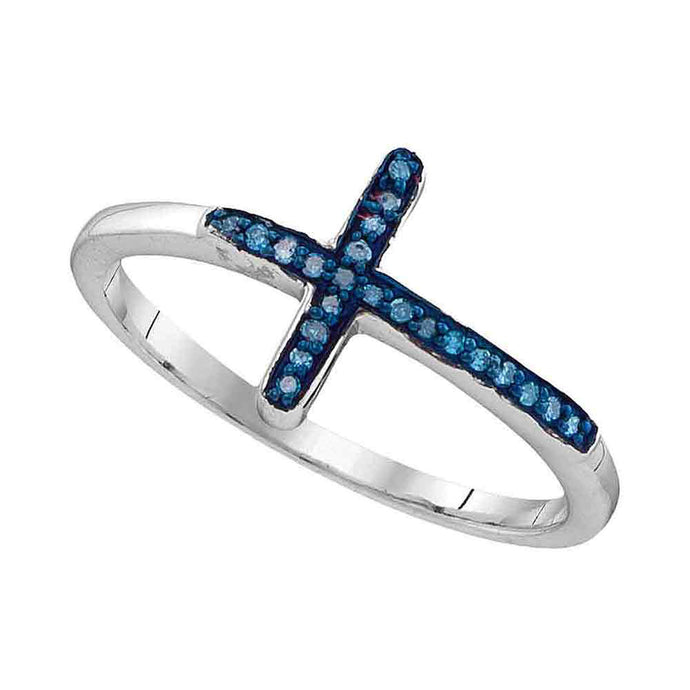 Sterling Silver Womens Round Blue Color Enhanced Diamond Cross Fashion Ring 1/20 Cttw