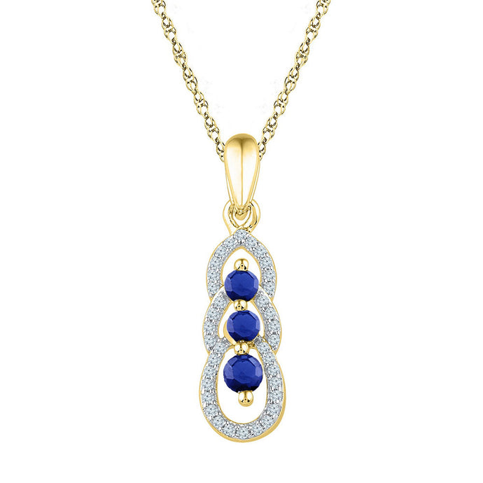 10kt Yellow Gold Womens Round Lab-Created Blue Sapphire 3-stone Pendant 1/2 Cttw