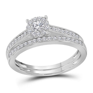 14kt White Gold Round Diamond Slender Halo Bridal Wedding Ring Band Set 1/2 Cttw