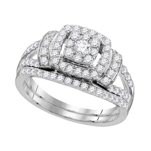 14kt White Gold Diamond Framed Cluster Bridal Wedding Ring Band Set 1 Cttw