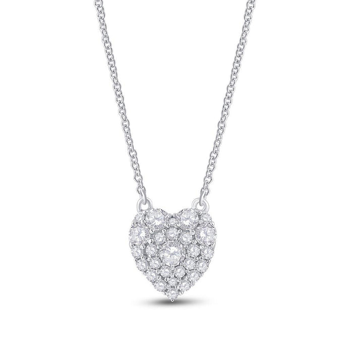 10kt White Gold Womens Round Diamond Heart Necklace 1/2 Cttw