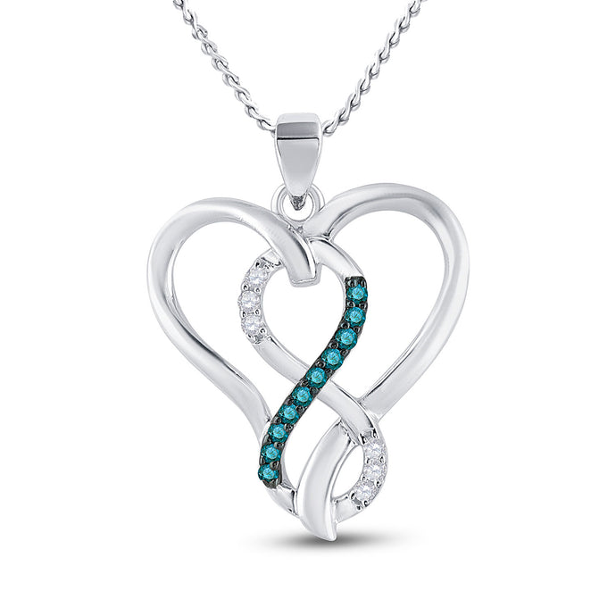 Sterling Silver Womens Round Blue Color Enhanced Diamond Heart Infinity Pendant 1/10 Cttw