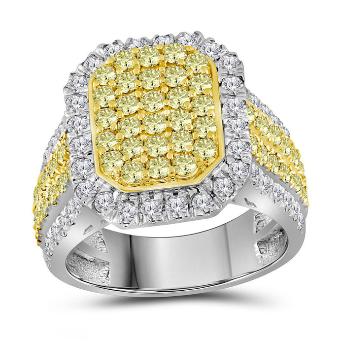 14kt White Gold Womens Round Canary Yellow Diamond Rectangle Cluster Ring 2-1/3 Cttw