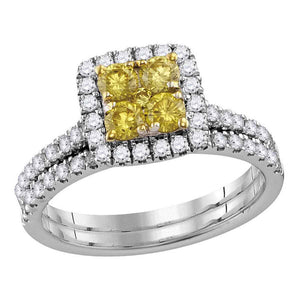 14kt White Gold Round Yellow Diamond Cluster Bridal Wedding Ring Band Set 1-1/4 Cttw