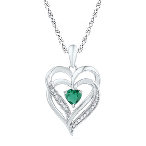 Sterling Silver Womens Round Lab-Created Emerald Heart Pendant 5/8 Cttw