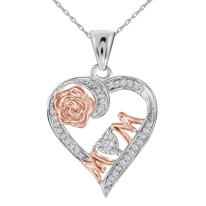 Sterling Silver Womens Round Diamond Rose-tone Mom Mother Heart Pendant 1/8 Cttw