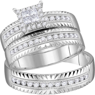14kt White Gold His Hers Princess Diamond Cluster Matching Wedding Set 1/2 Cttw