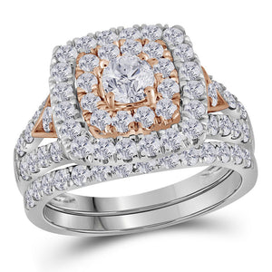 14kt Two-tone Gold Round Diamond Halo Bridal Wedding Ring Band Set 2 Cttw