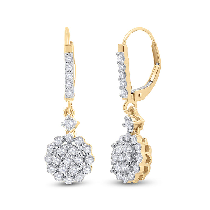 14kt Yellow Gold Womens Round Diamond Flower Cluster Dangle Earrings 1 Cttw