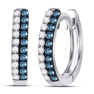10kt White Gold Womens Round Blue Color Enhanced Diamond Huggie Earrings 1/5 Cttw