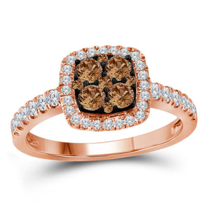 10kt Rose Gold Womens Round Brown Diamond Square Cluster Ring 3/4 Cttw