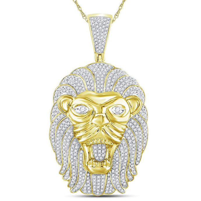 10kt Yellow Gold Mens Round Diamond Lion Face Mane Charm Pendant 1-1/4 Cttw