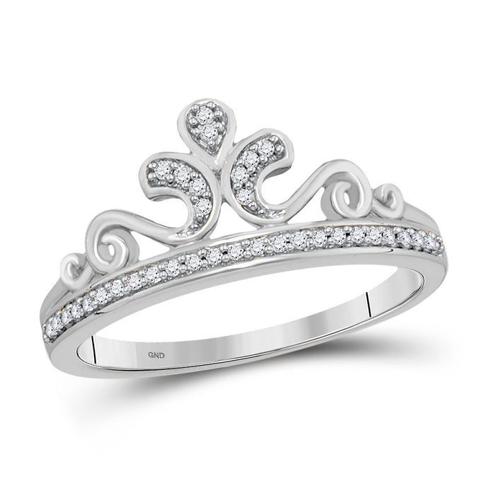 10kt White Gold Womens Round Diamond Crown Tiara Fashion Ring 1/10 Cttw