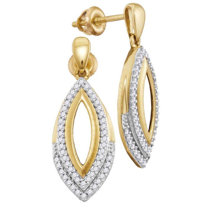 10kt Yellow Gold Womens Round Diamond Marquise Dangle Earrings 1/4 Cttw