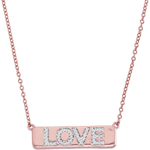 10kt Rose Gold Womens Round Diamond Pink Love Bar Pendant Necklace with 18" Chain 1/8 Cttw