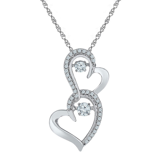 10kt White Gold Womens Round Diamond Moving Twinkle Solitaire Double Heart Pendant 1/4 Cttw