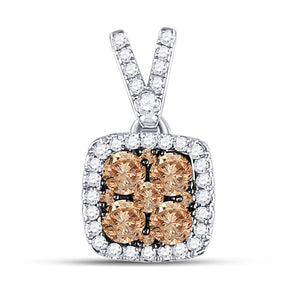 14kt White Gold Womens Round Brown Diamond Square Cluster Pendant 1/2 Cttw