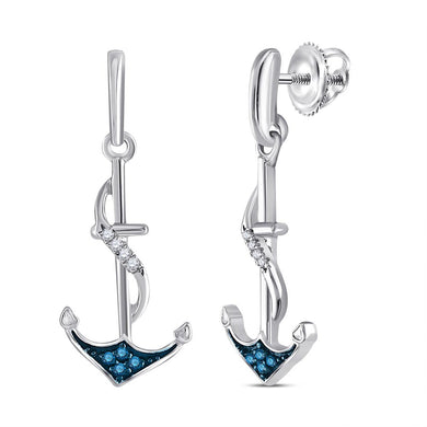 Sterling Silver Womens Round Blue Color Enhanced Diamond Anchor Dangle Earrings 1/12 Cttw
