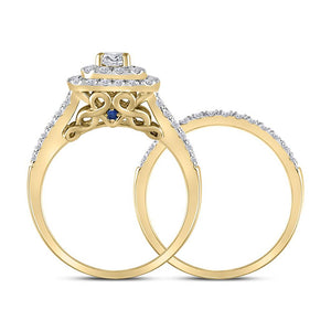 14kt Yellow Gold Round Diamond Halo Bridal Wedding Ring Band Set 1-1/4 Cttw