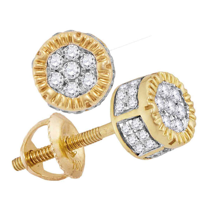 10kt Yellow Gold Mens Round Diamond 3D Circle Cluster Stud Earrings 1/4 Cttw