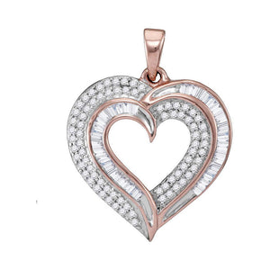 10kt Rose Gold Womens Baguette Diamond Heart Pendant 3/8 Cttw
