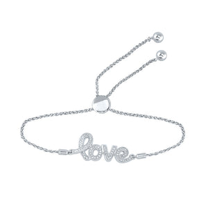Sterling Silver Womens Round Diamond Love Word Bolo Adjustable Bracelet Cttw
