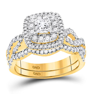 14kt Yellow Gold Princess Diamond Bridal Wedding Ring Band Set 1-1/5 Cttw