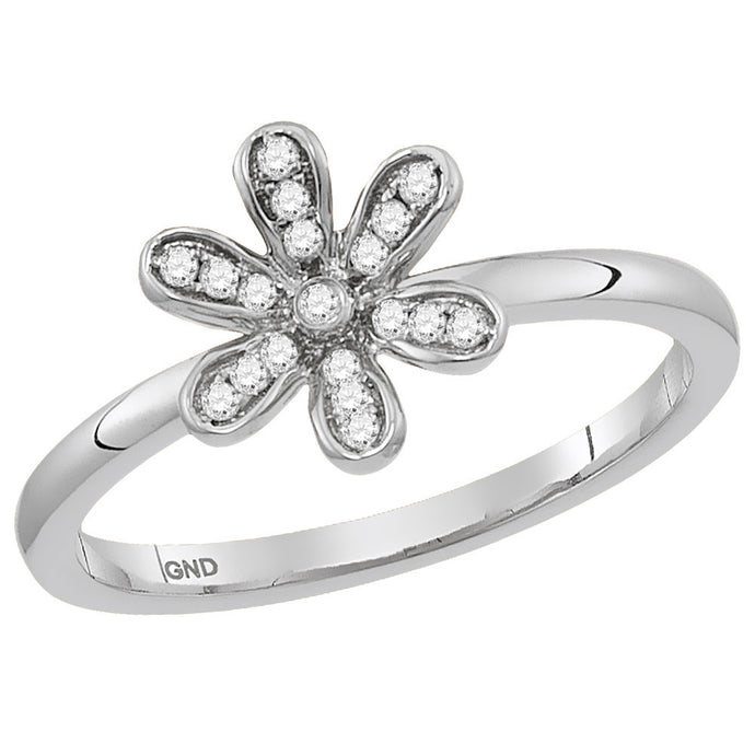 10kt White Gold Womens Round Diamond Flower Floral Stackable Band Ring 1/8 Cttw