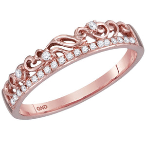 14kt Rose Gold Womens Round Diamond Floral Accent Stackable Band Ring 1/12 Cttw