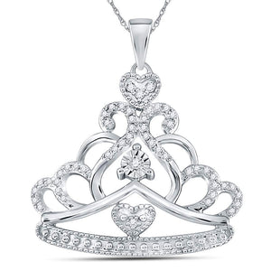 10kt White Gold Womens Round Diamond Crown Tiara Fashion Pendant 1/6 Cttw