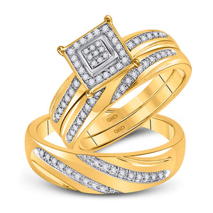 10kt Yellow Gold His Hers Round Diamond Square Matching Wedding Set 1/5 Cttw