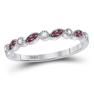 10kt White Gold Womens Round Ruby Diamond Stackable Band Ring 1/8 Cttw