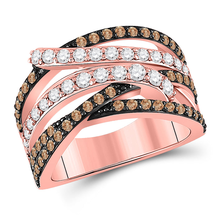 14kt Rose Gold Womens Round Brown Diamond Crossover Fashion Ring 1-1/4 Cttw