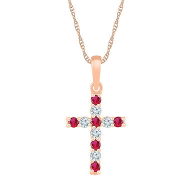 10kt Rose Gold Womens Round Lab-Created Ruby Cross Pendant 3/8 Cttw