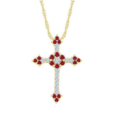 10kt Yellow Gold Womens Round Lab-Created Ruby Cross Pendant 1 Cttw