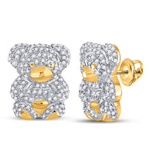 Load image into Gallery viewer, 10kt Yellow Gold Womens Round Diamond Teddy Bear Animal Earrings 1/2 Cttw
