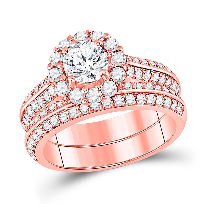 14kt Rose Gold Round Diamond Bridal Wedding Ring Band Set 1-7/8 Cttw