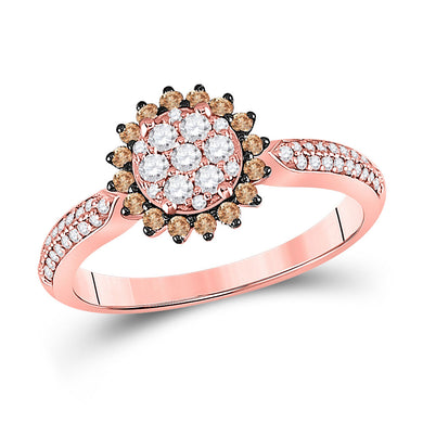 10kt Rose Gold Womens Round Brown Diamond Halo Cluster Ring 1/2 Cttw
