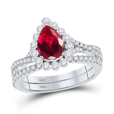14kt White Gold Pear Ruby Diamond Solitaire Bridal Wedding Ring Band Set 1-7/8 Cttw
