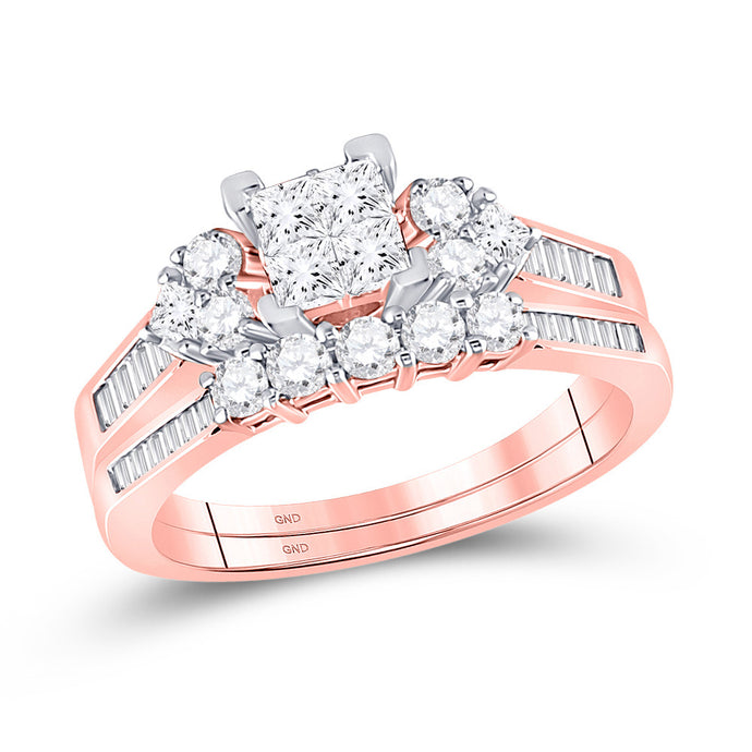10kt Rose Gold Princess Diamond Bridal Wedding Ring Band Set 1 Cttw