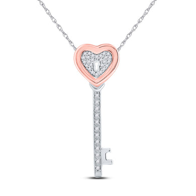 Two-tone Sterling Silver Womens Round Diamond Heart Key Pendant 1/10 Cttw