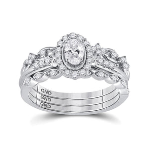 14kt White Gold Oval Diamond Bridal Wedding Ring Band Set 3/4 Cttw